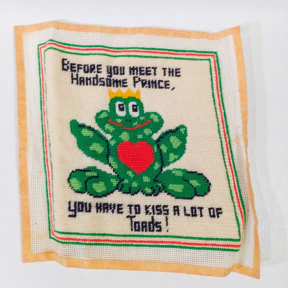 Vintage Finished Needlepoint Frog Prince Kiss A Lot Of Toads Wall Art Decor